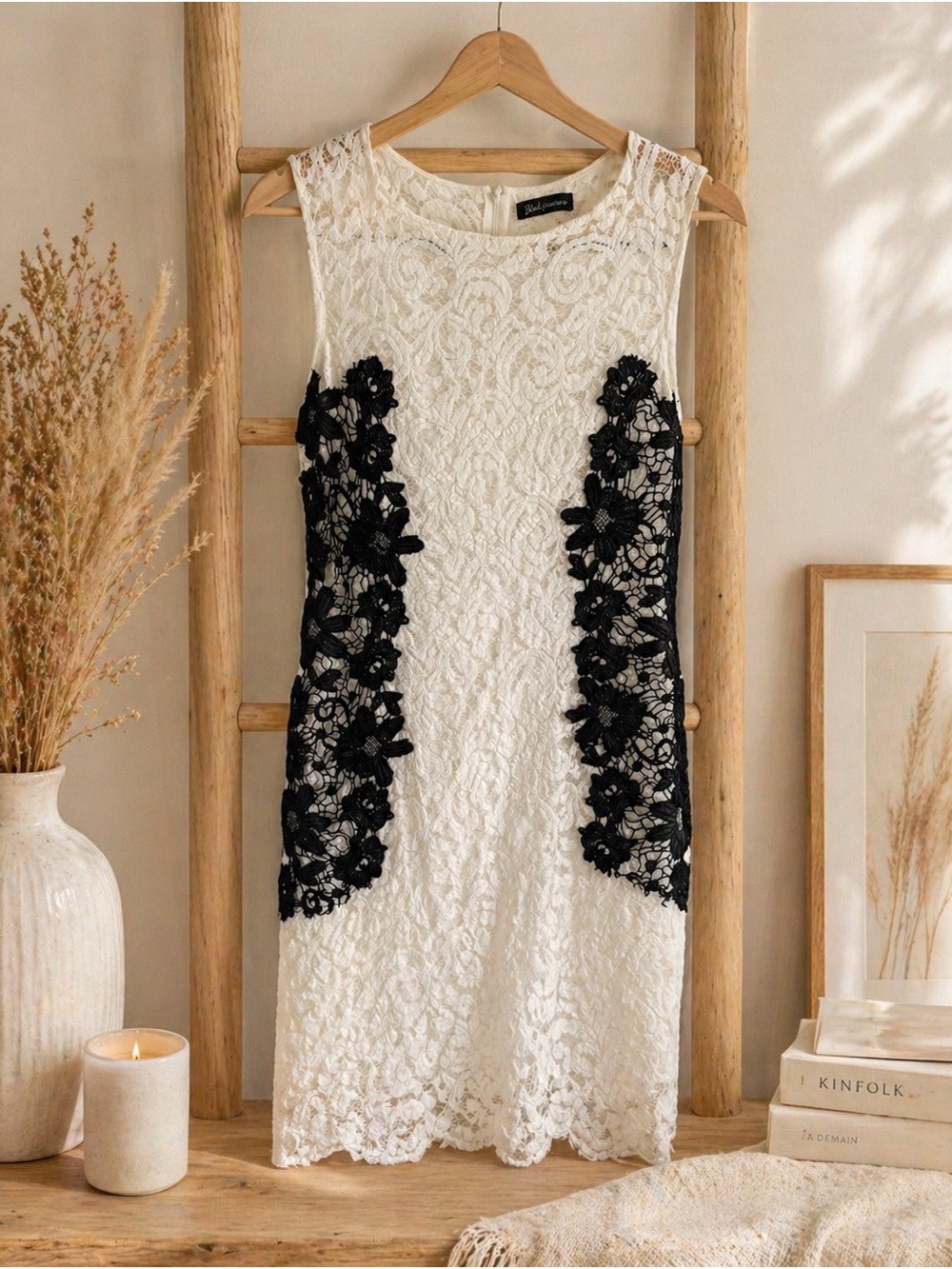 Lace Sheath Dress with Black Floral Appliqué - White